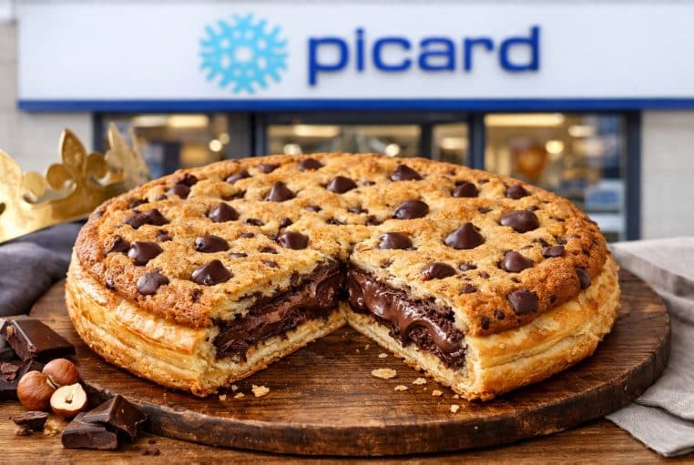 Galette des rois façon cookie garnie chocolat-noisette, devant une enseigne Picard, en gros plan gourmand.