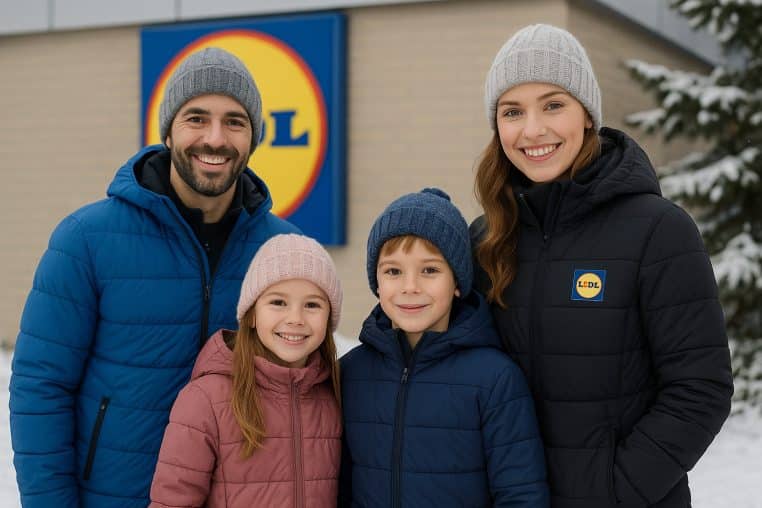 Famille souriante en doudounes d’hiver devant un magasin Lidl enneigé, logo visible sur la veste de la mère et sur la façade.