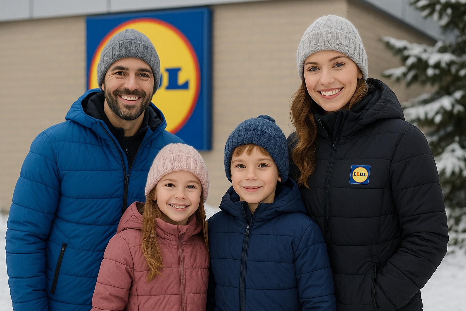 Famille souriante en doudounes d’hiver devant un magasin Lidl enneigé, logo visible sur la veste de la mère et sur la façade.