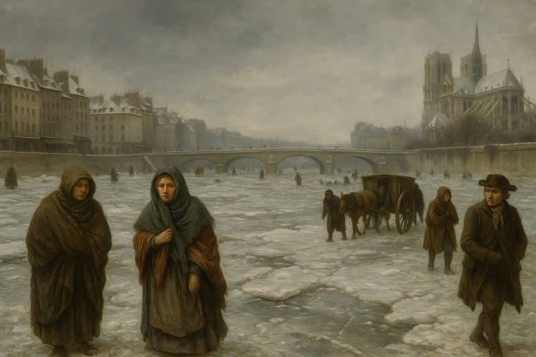 Hiver 1788-1789 à Paris, Seine gelée, passants pauvres emmitouflés et carriole tirée par un cheval devant Notre-Dame.