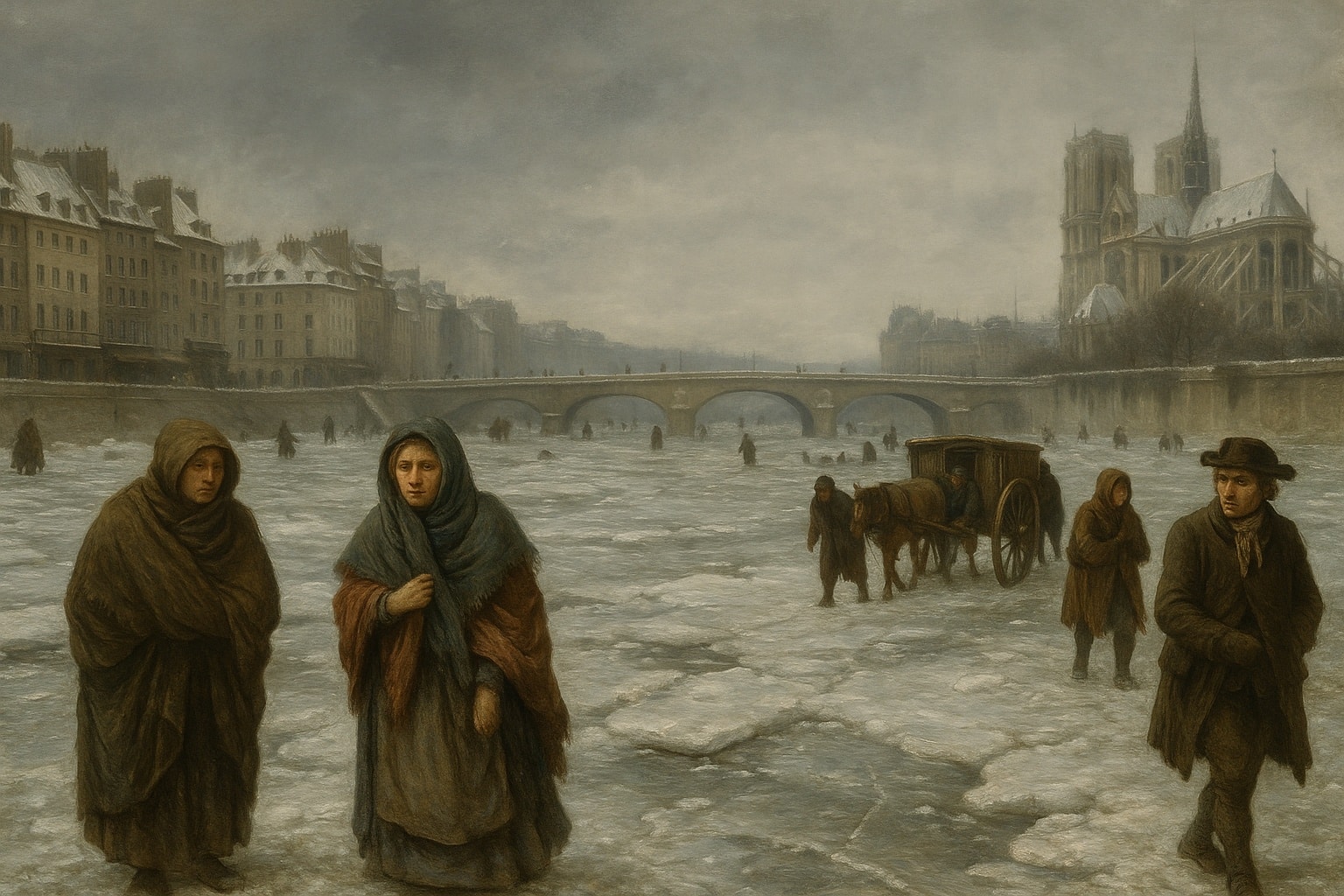 Hiver 1788-1789 à Paris, Seine gelée, passants pauvres emmitouflés et carriole tirée par un cheval devant Notre-Dame.