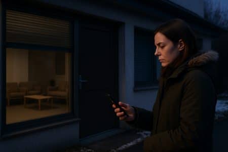 Femme inquiète en manteau d’hiver lisant un SMS d’annulation devant un cabinet médical fermé au crépuscule.