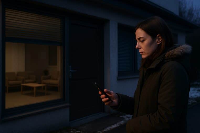 Femme inquiète en manteau d’hiver lisant un SMS d’annulation devant un cabinet médical fermé au crépuscule.