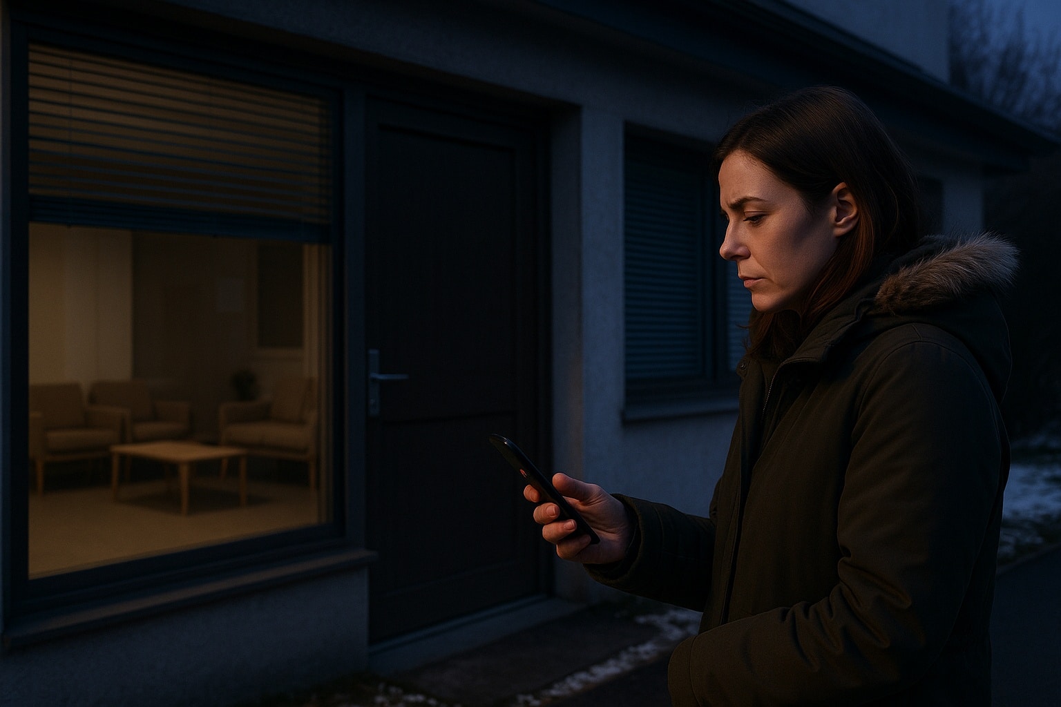 Femme inquiète en manteau d’hiver lisant un SMS d’annulation devant un cabinet médical fermé au crépuscule.