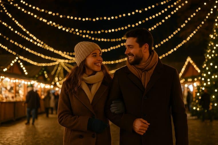 Couple marchant de nuit sur un marché de Noël, entouré de guirlandes lumineuses dorées, symbole d’une rencontre marquante en cette fin d’année 2025.