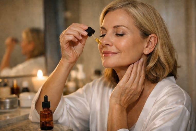 Femme de plus de 50 ans appliquant quelques gouttes d’huile de rose musquée sur le visage, le soir.
