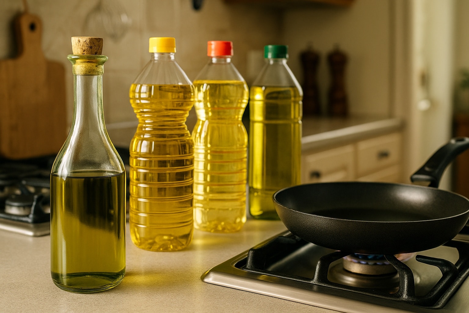 Bouteille d’huile d’olive et flacons d’huiles de graines alignés près d’une poêle sur gaz allumé dans une cuisine lumineuse