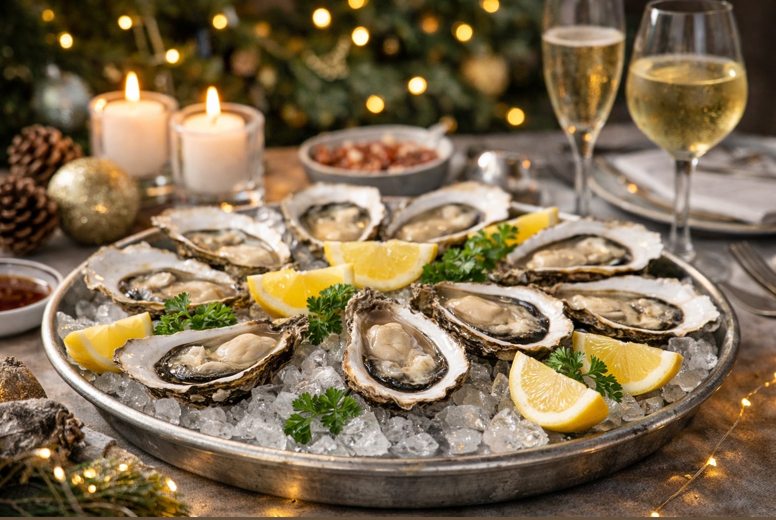 Plateau d’huîtres ouvertes sur glace pilée avec quartiers de citron, ambiance de table de Noël en arrière-plan.