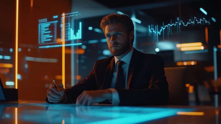 Femme en tenue professionnelle travaillant sur ordinateur dans un bureau futuriste, entourée d’écrans d’analyse contrôlés par une intelligence artificielle.