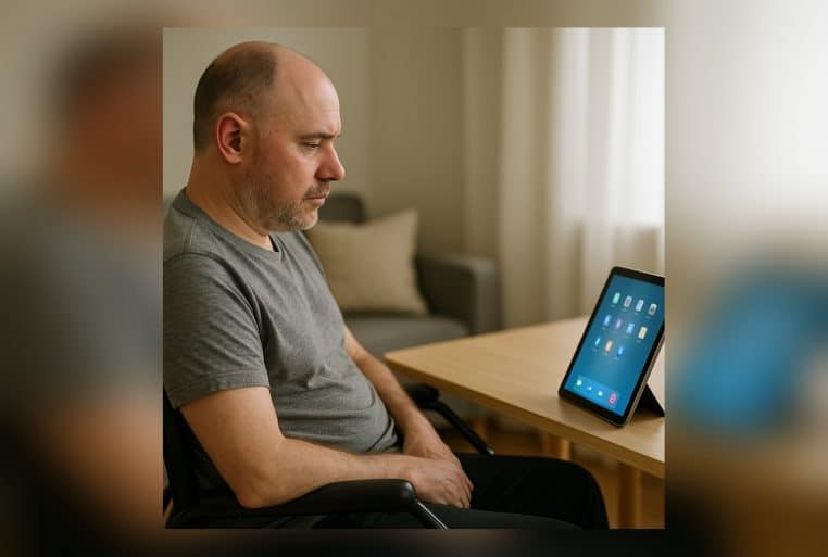 Un homme en fauteuil roulant contrôle une tablette sur une table par la pensée, concentré face à l’écran de son salon.