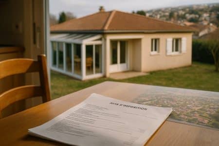 Avis d’imposition sur une table, maison avec véranda en arrière-plan, illustration des contrôles fiscaux 2025.