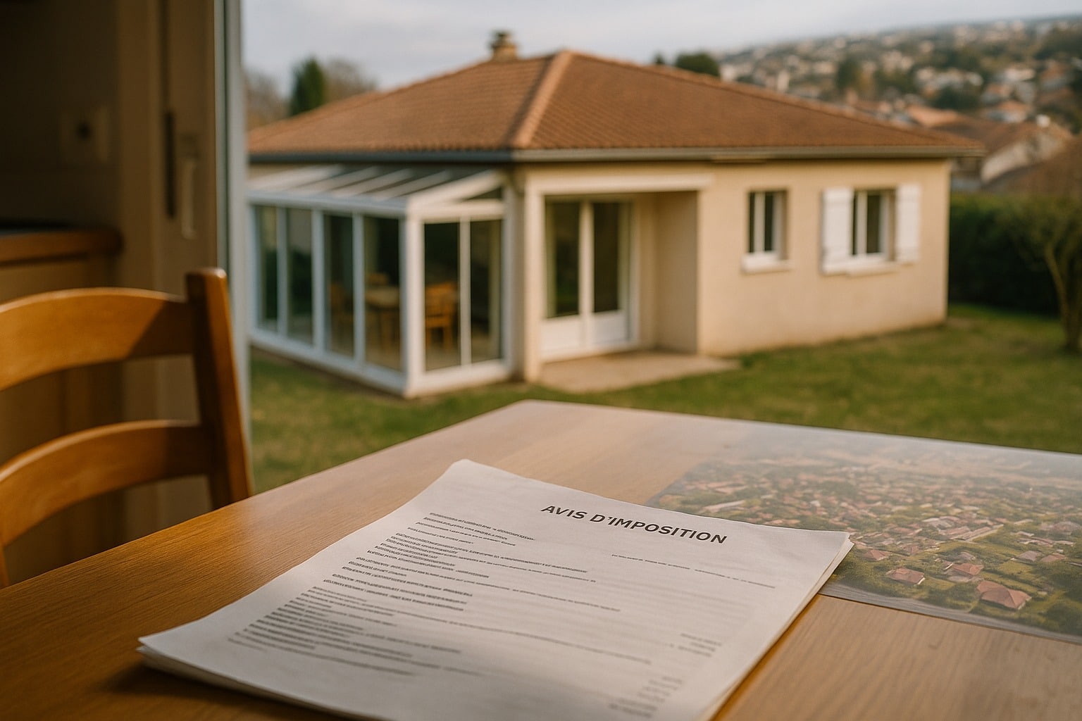 Avis d’imposition sur une table, maison avec véranda en arrière-plan, illustration des contrôles fiscaux 2025.