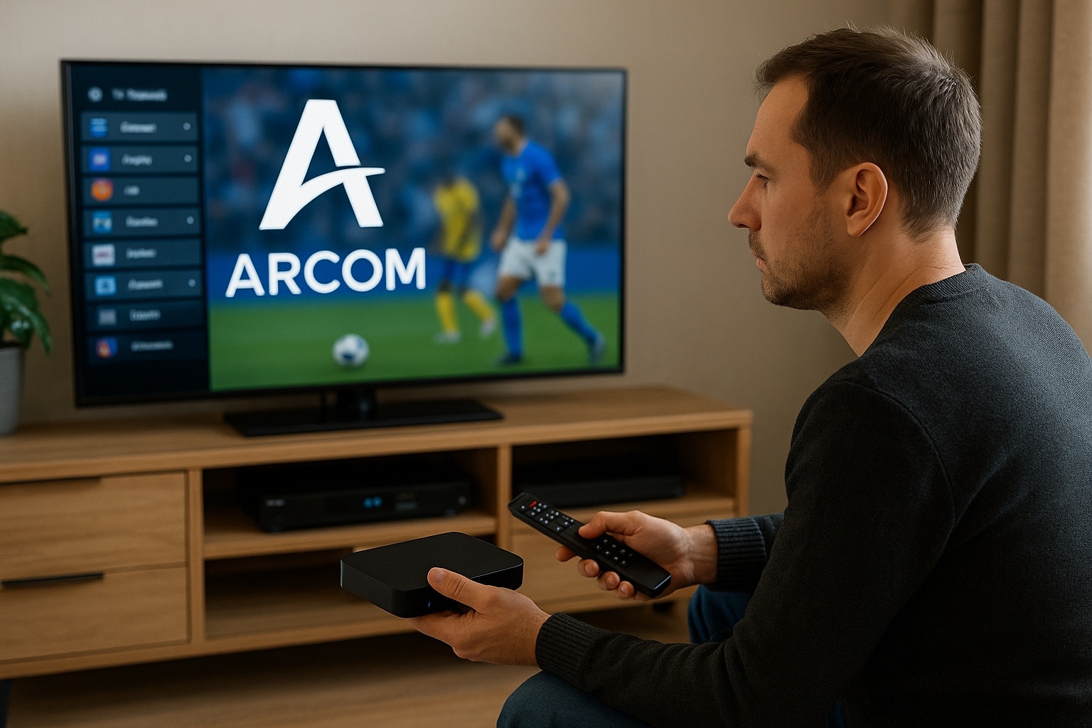 Homme tenant une box IPTV et une télécommande dans un salon, face à un téléviseur montrant un match de foot et le logo Arcom.