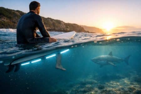 Surfeur sur planche équipée de bandes LED sous la carène, requin blanc au loin dans l’eau claire