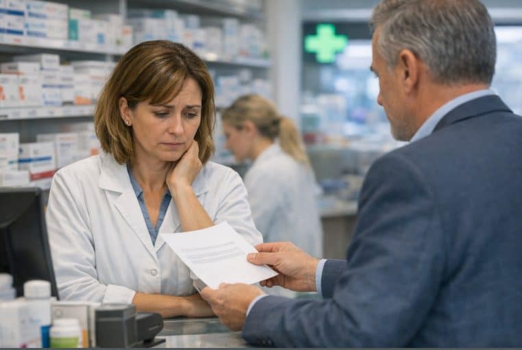 Employée en blouse blanche dans une pharmacie, visage inquiet, recevant un document d’un responsable au comptoir