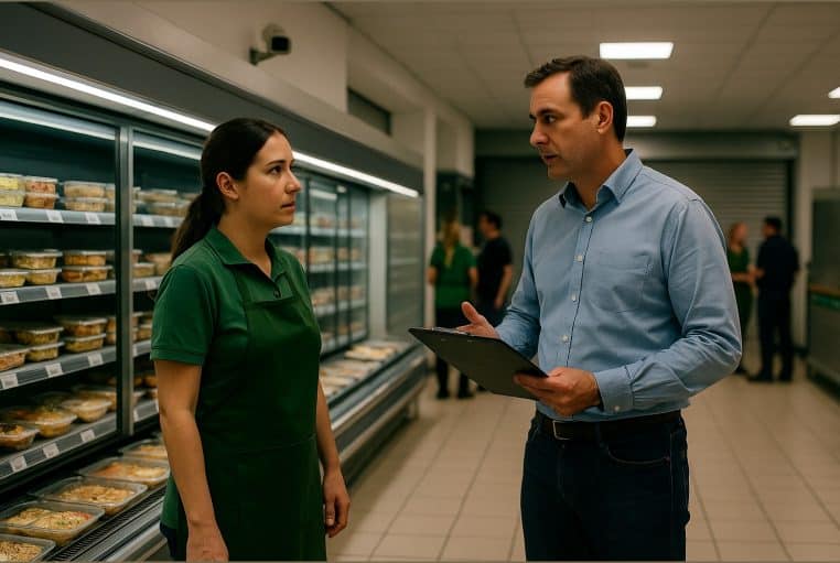 Supermarché fermé de nuit : une employée au rayon plats préparés échange avec un manager tenant un dossier.