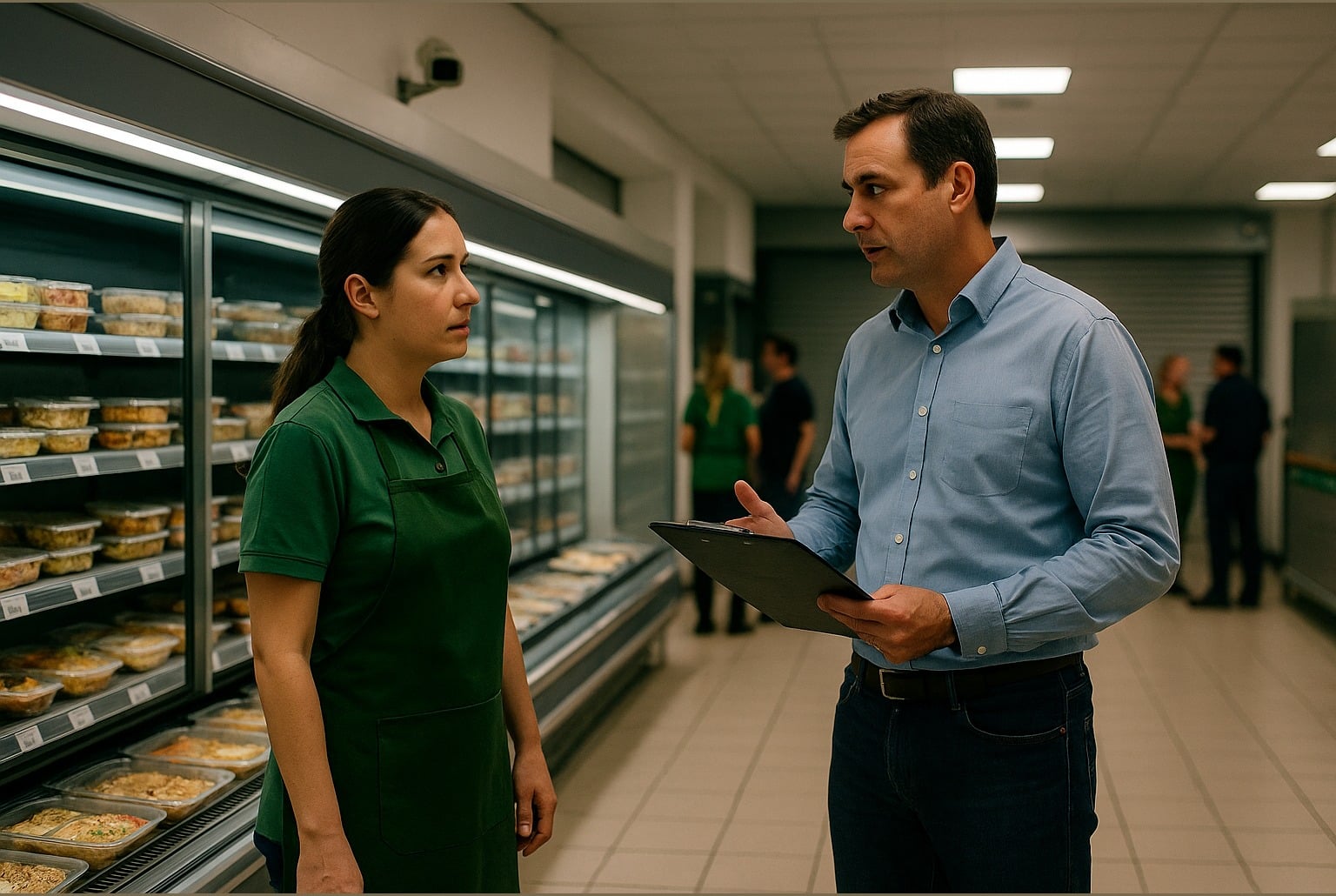 Supermarché fermé de nuit : une employée au rayon plats préparés échange avec un manager tenant un dossier.