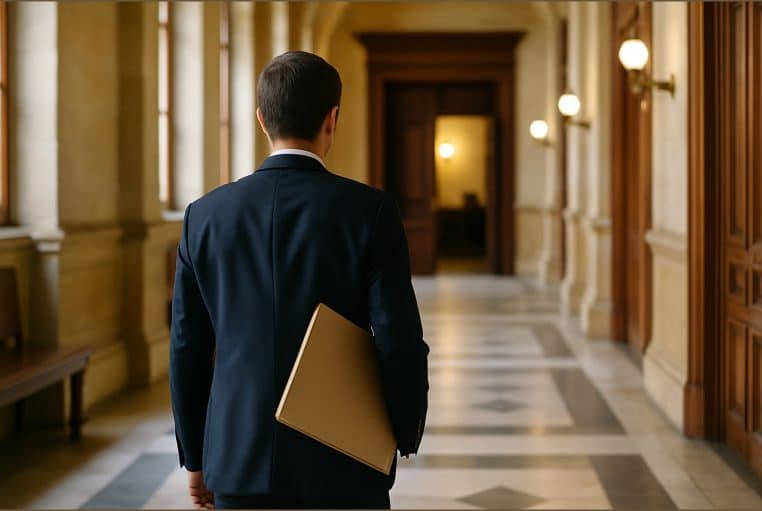 Couloir d’un palais de justice à Paris, silhouette en costume tenant un dossier et avançant vers une salle d’audience.
