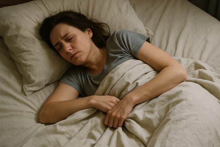 Femme allongée dans un lit aux draps ternes et froissés, semblant mal dormir à cause d’un linge de lit usé et inconfortable.