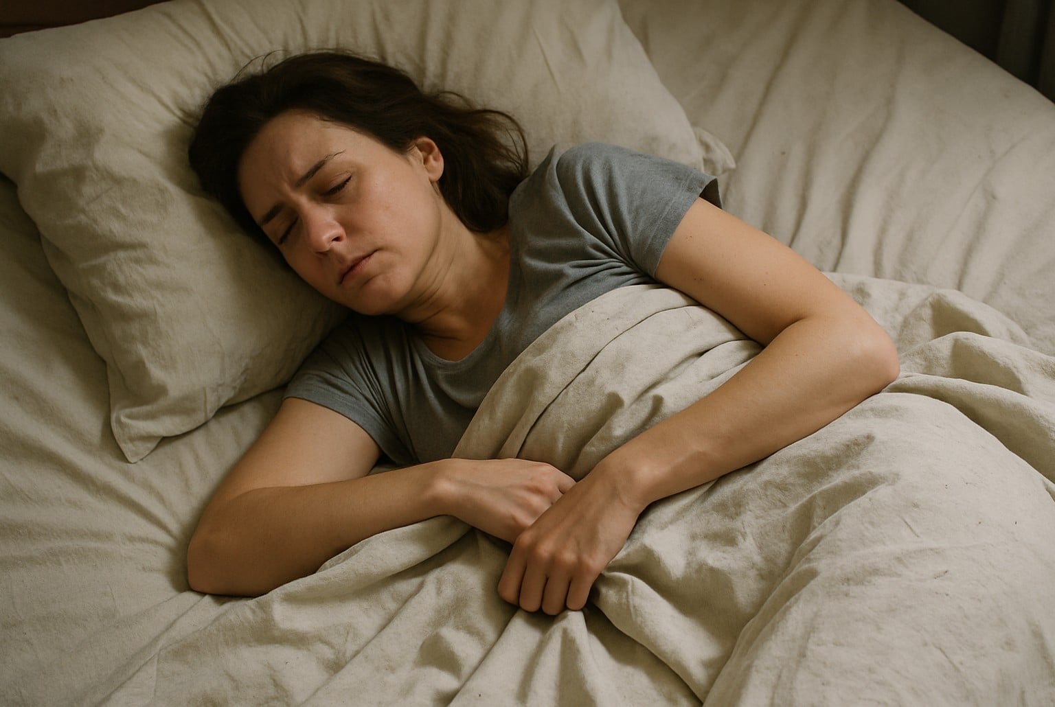 Femme allongée dans un lit aux draps ternes et froissés, semblant mal dormir à cause d’un linge de lit usé et inconfortable.