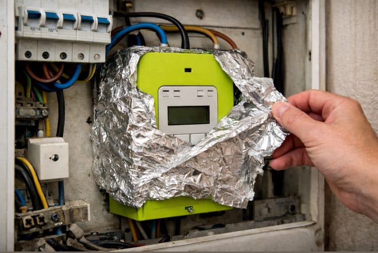 Compteur électrique vert type Linky, partiellement entouré de papier aluminium dans un coffret domestique