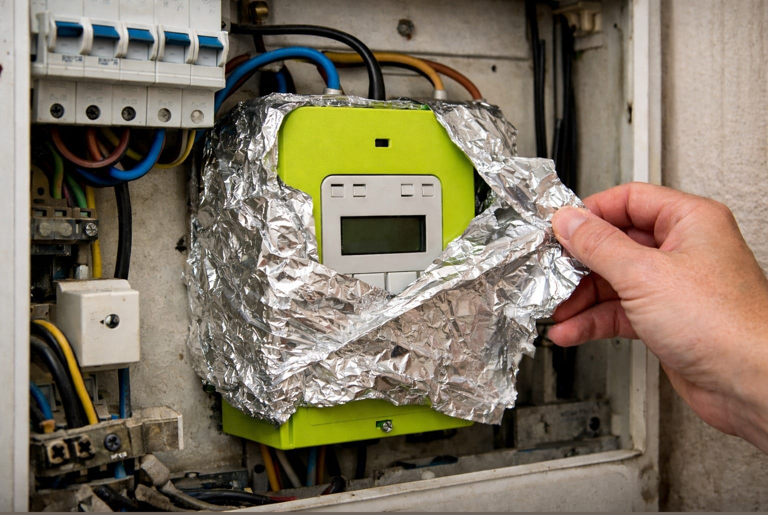 Compteur électrique vert type Linky, partiellement entouré de papier aluminium dans un coffret domestique