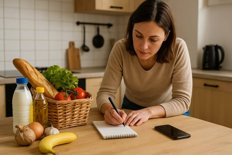 Femme écrivant à la main sa liste de courses sur un bloc-notes dans une cuisine, près d’un panier rempli de produits frais.