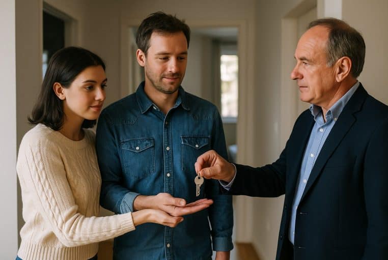 Couple de jeunes locataires remettant une clé de maison à leur propriétaire dans un couloir lumineux, symbole d’une fin de bail apaisée