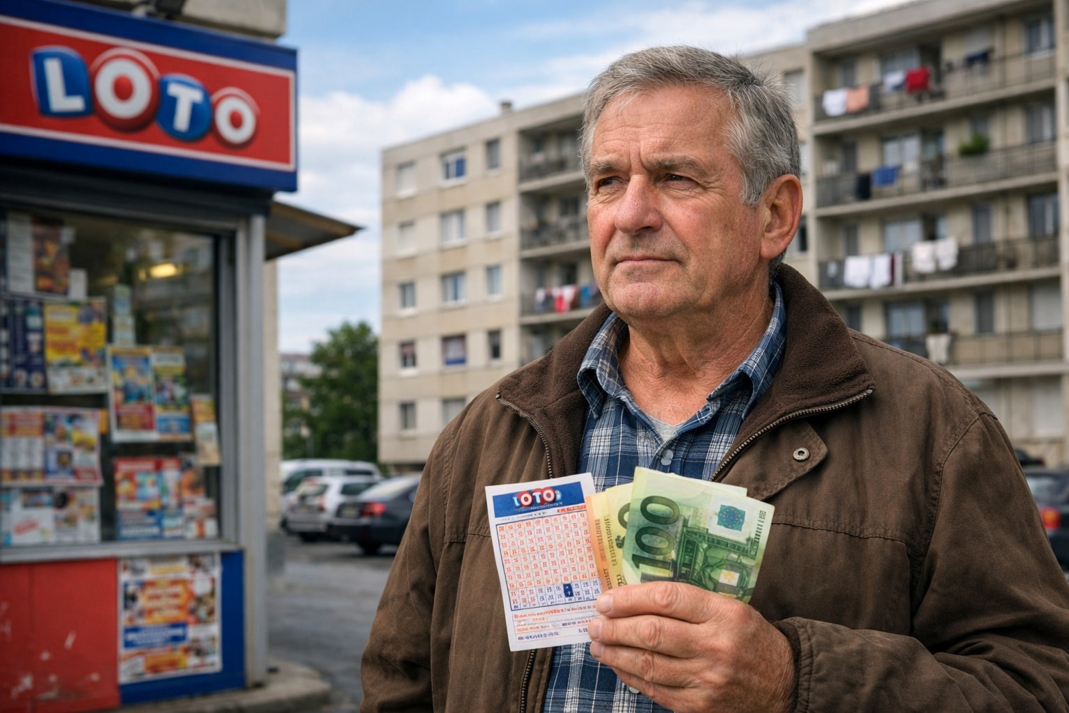 Un homme tient un ticket de loto et des billets devant des immeubles HLM, illustrant le débat sur le logement social.