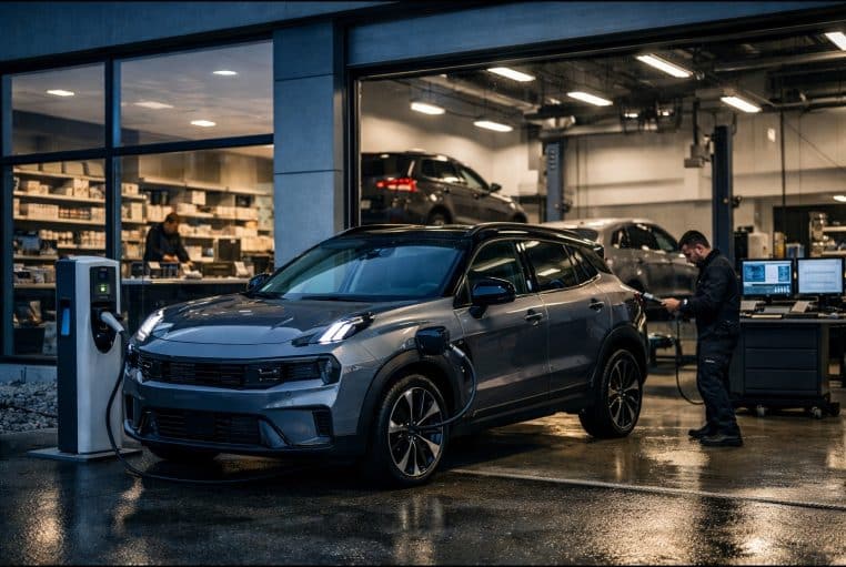 SUV hybride rechargeable branché à une borne devant un atelier vitré, diagnostic en concession européenne