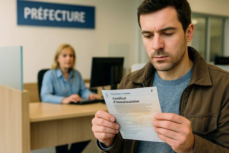 Homme inquiet tenant un certificat d’immatriculation dans une préfecture, face au guichet, redoutant un malus écologique.