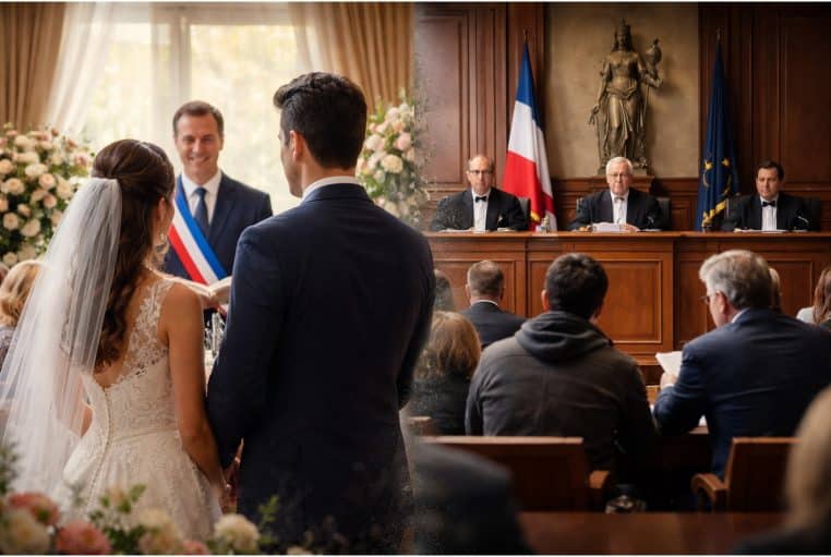 Montage moitié cérémonie de mariage en mairie, moitié salle d’audience avec juges, contraste entre deux scènes