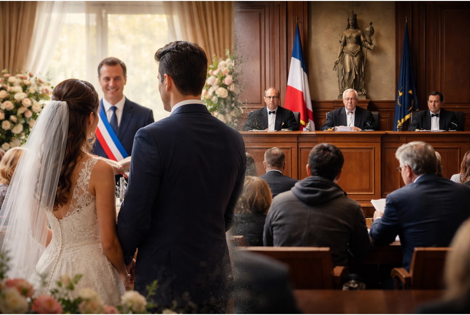 Montage moitié cérémonie de mariage en mairie, moitié salle d’audience avec juges, contraste entre deux scènes