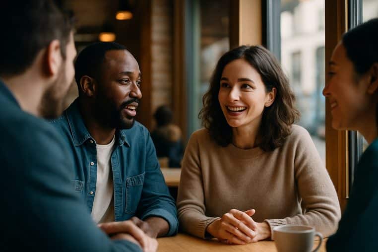 Quatre amis discutent autour d’une table de café, souriants et attentifs, illustrant une conversation fluide, chaleureuse et bienveillante.