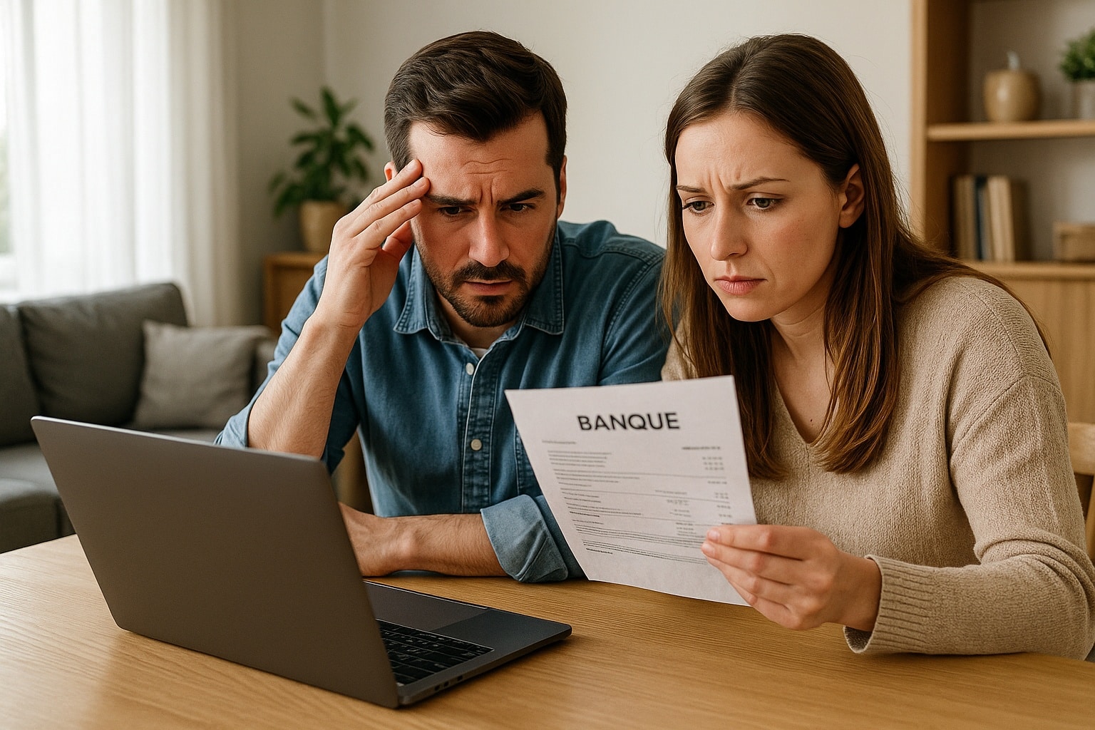Couple français assis à une table devant un ordinateur portable, examinant un relevé de banque avec inquiétude, symbole de la hausse des frais bancaires.