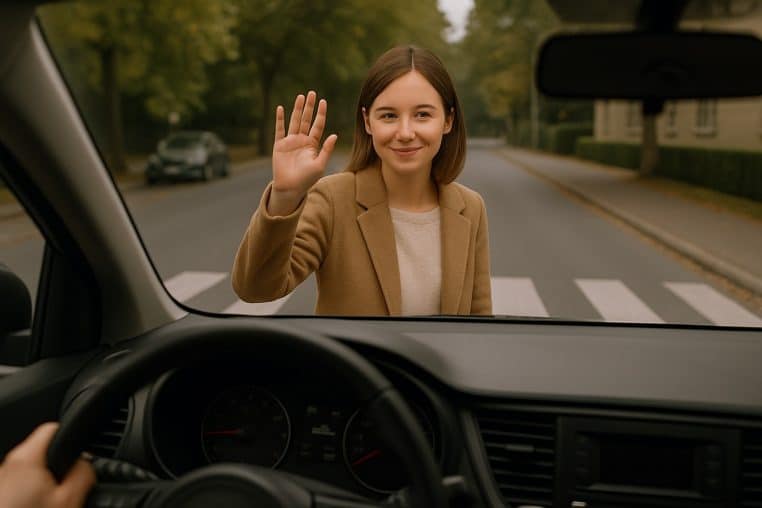 Femme au passage piéton remercie voiture, psychologie