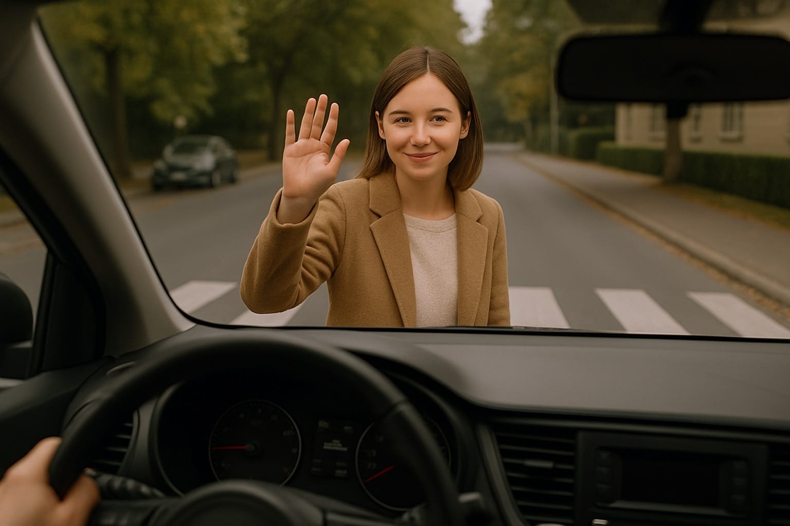 Femme au passage piéton remercie voiture, psychologie