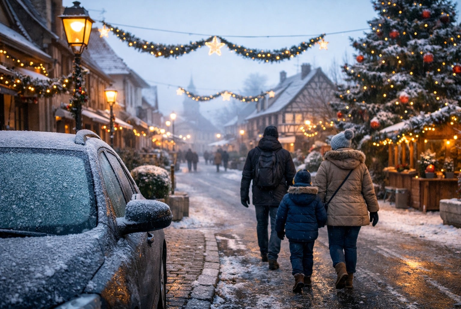 Rue de village en France décorée pour Noël, sol givré et passants emmitouflés sous un ciel froid.