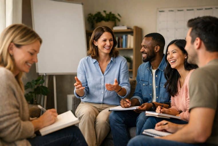 Séance de psychologie positive en petit groupe, participants souriants prenant des notes dans une salle lumineuse.