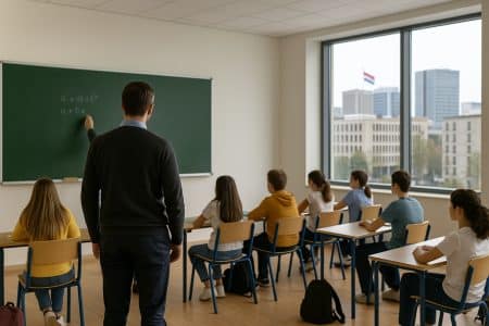 Enseignant de dos face à une classe d’élèves attentifs, dans une salle moderne avec vue sur un quartier d’affaires rappelant le Luxembourg.
