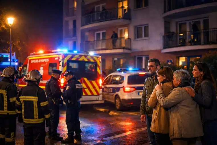 Scène nocturne devant un immeuble, pompiers et police, voisins choqués, gyrophares et ambulance.