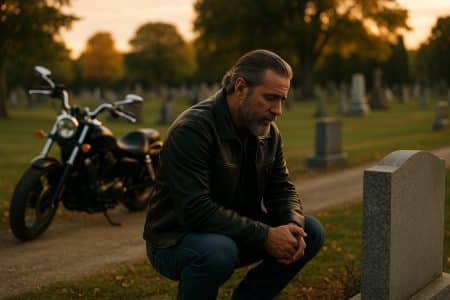 Motard barbu en blouson de cuir, agenouillé devant une tombe dans un cimetière au crépuscule, avec sa moto garée à l’arrière-plan sur l’allée.