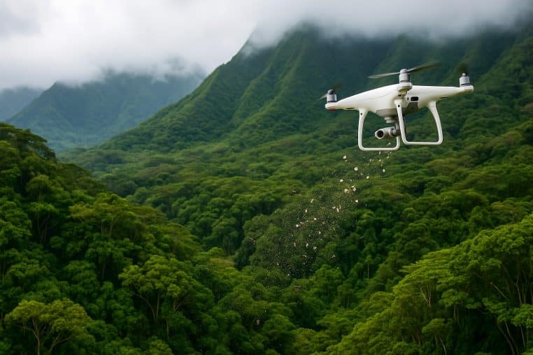 Drone blanc survolant une forêt tropicale hawaïenne et larguant des capsules de moustiques au-dessus des montagnes brumeuses.