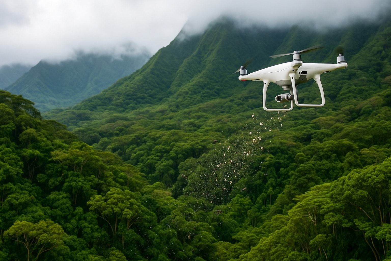 Drone blanc survolant une forêt tropicale hawaïenne et larguant des capsules de moustiques au-dessus des montagnes brumeuses.