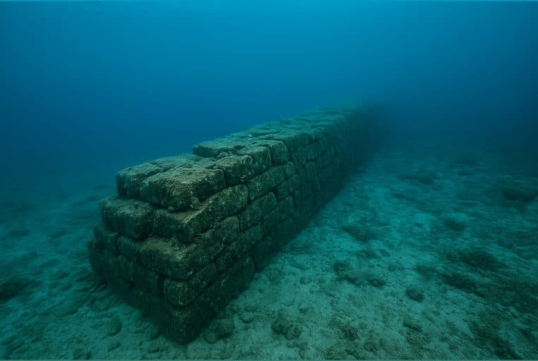 : Mur de pierres immergé sur le fond marin près de la Bretagne, éclairé par une lumière bleutée.
