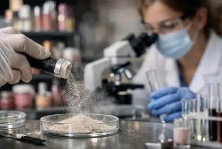 Analyse en laboratoire d’une poudre cosmétique scintillante, particules en suspension au-dessus d’une boîte de Pétri.