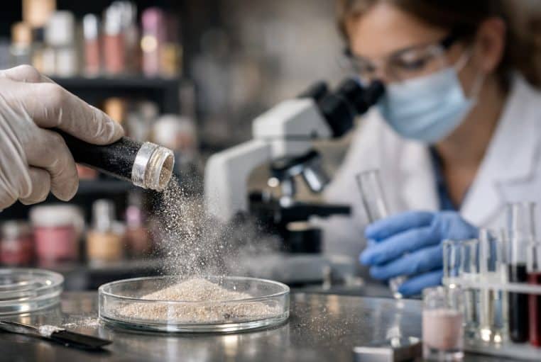 Analyse en laboratoire d’une poudre cosmétique scintillante, particules en suspension au-dessus d’une boîte de Pétri.