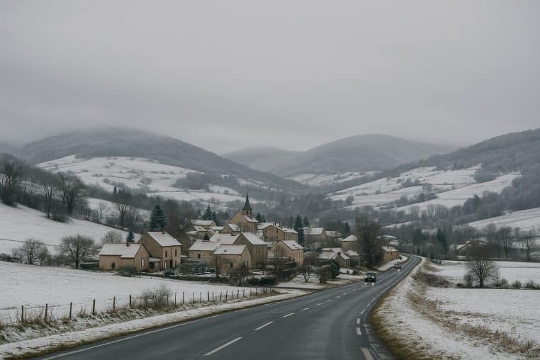 Village français de montagne sous une couche de neige, route au premier plan et collines enneigées dans une lumière grise.
