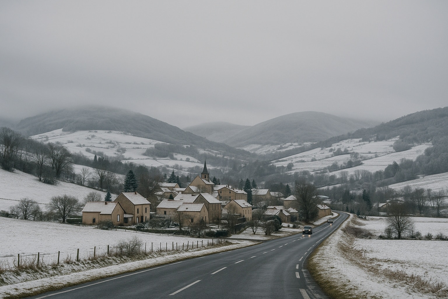 Village français de montagne sous une couche de neige, route au premier plan et collines enneigées dans une lumière grise.