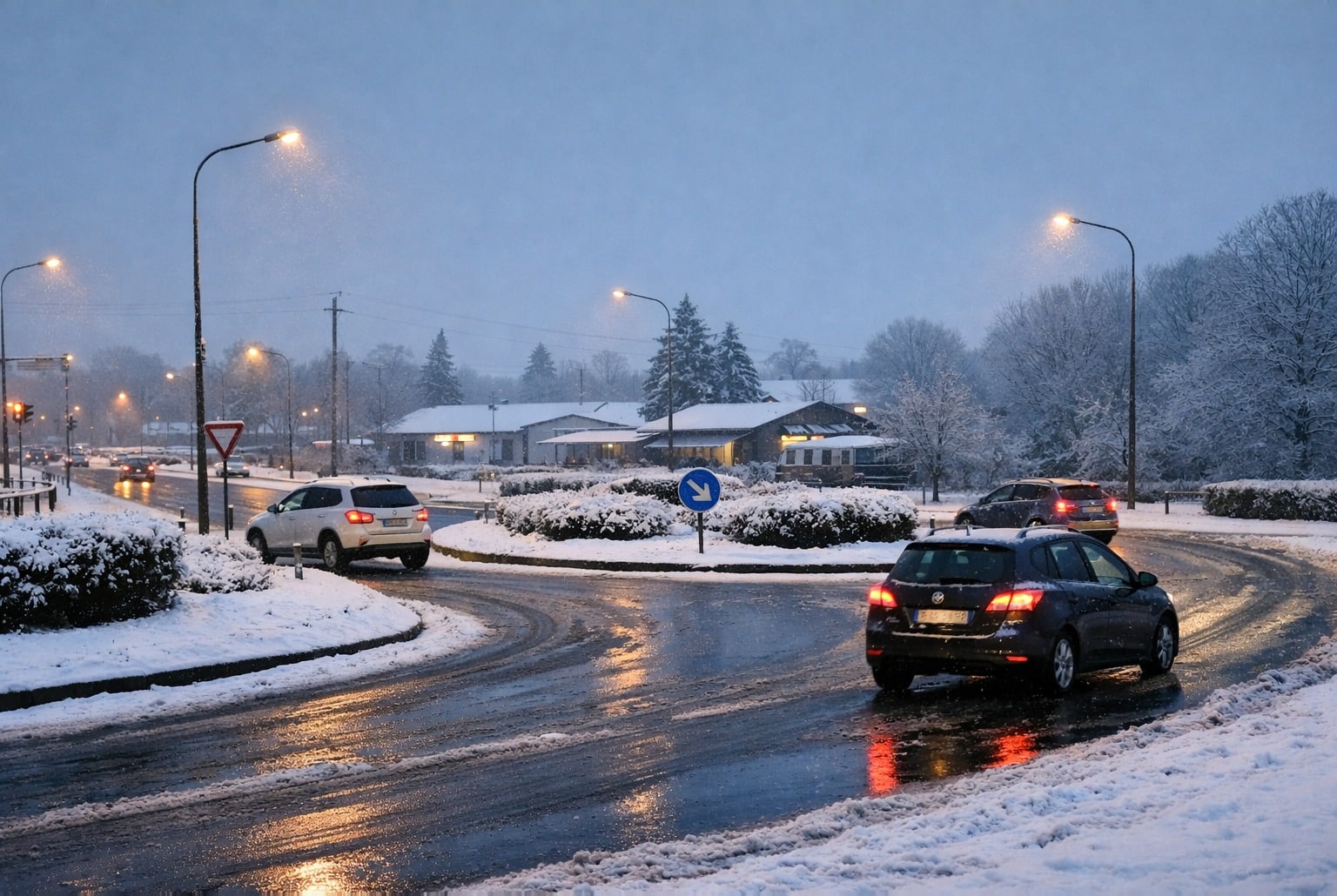 Carrefour en plaine sous la neige au petit matin, voitures prudentes et chaussée humide en hiver.